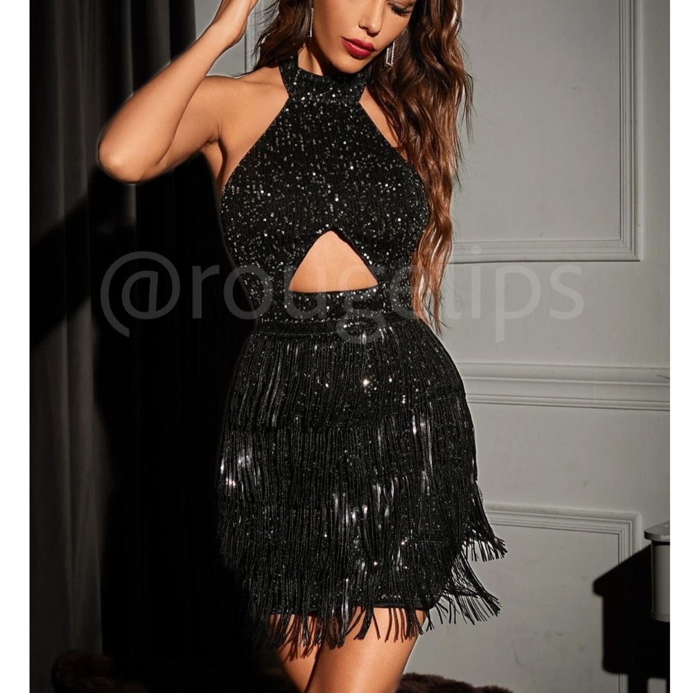 Black Sequined Tassel Cut Out Mini Short Dress Halter Neck